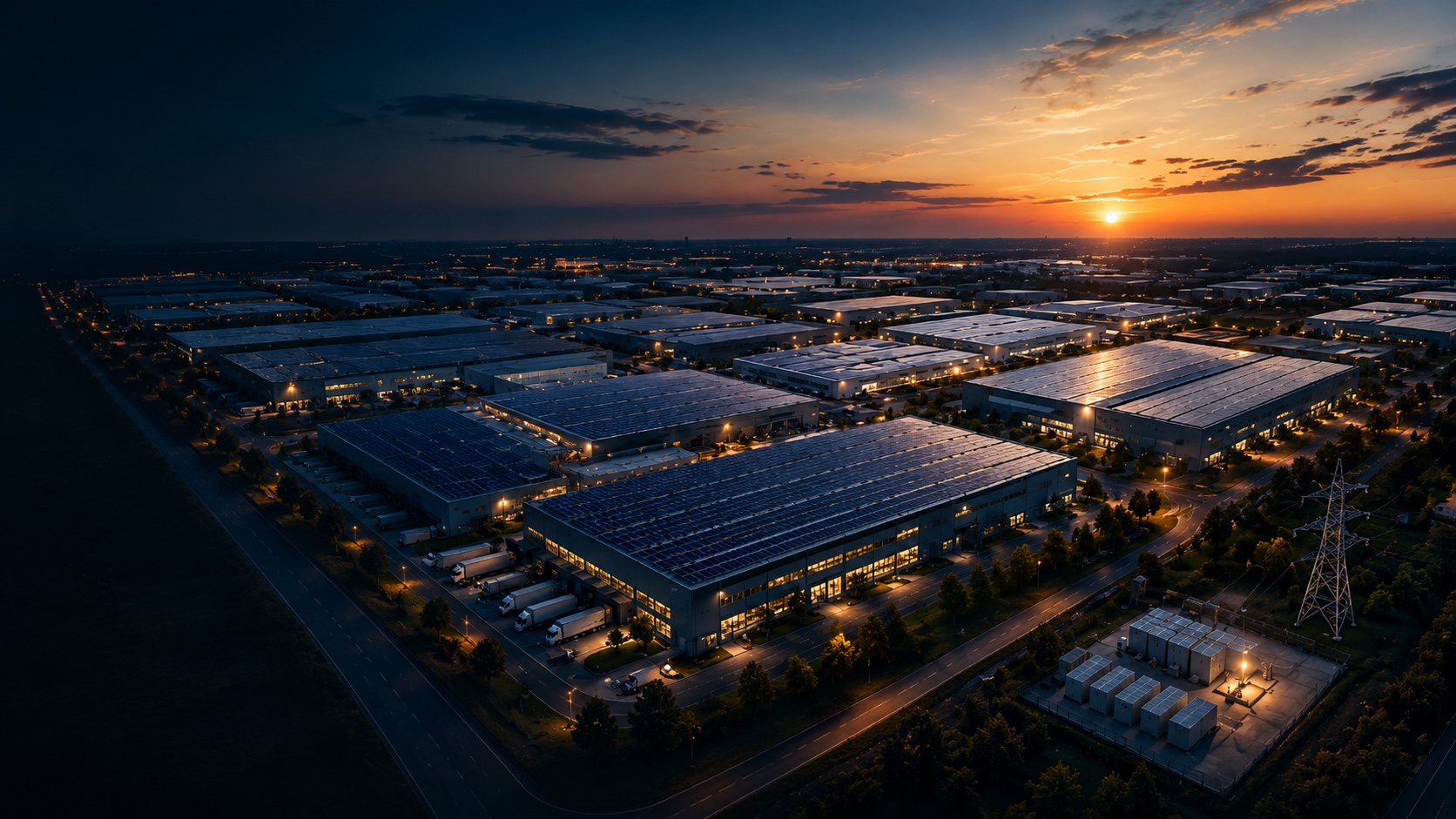 Photovoltaik-Großanlage bei Sonnenuntergang